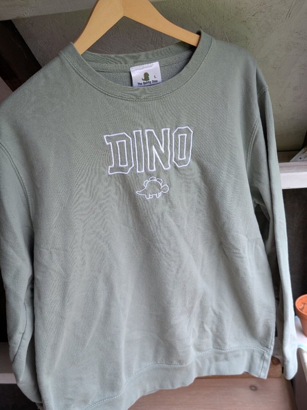 The Quirky Dino UK Import Sage Green Embroidered Dinosaur Crewneck Sweatshirt L
